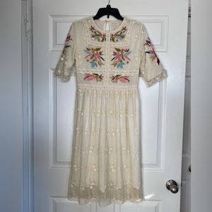 Cream Embroidered Overlay Dress